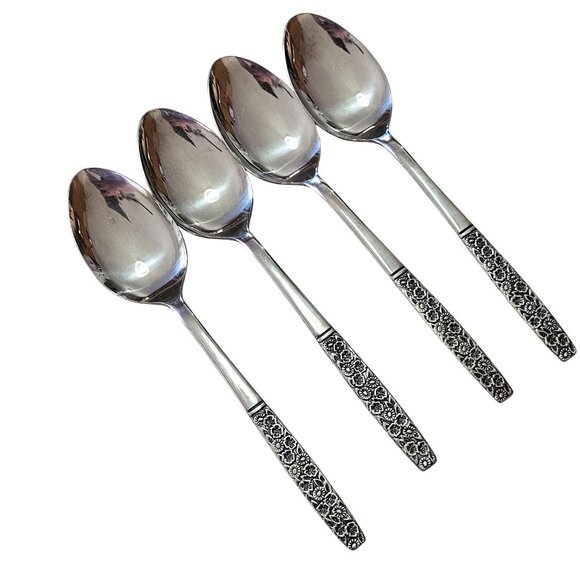 4 Rogers Fragrant Rose Spoon 6" stainless MCM Mod daisy floral Japan 70s vtg - Picture 1 of 9